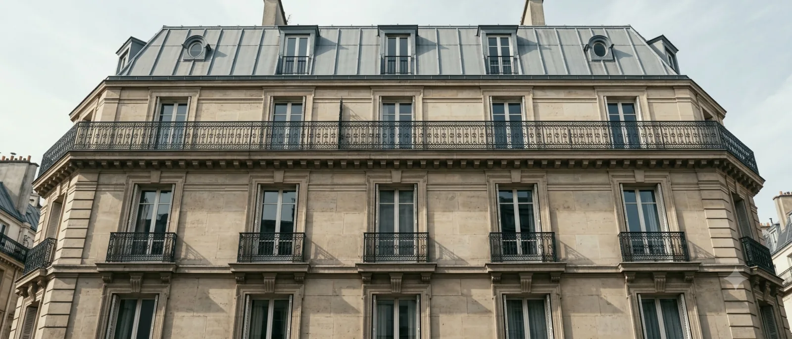 une façade haussmannienne et son balcon filant, à Paris